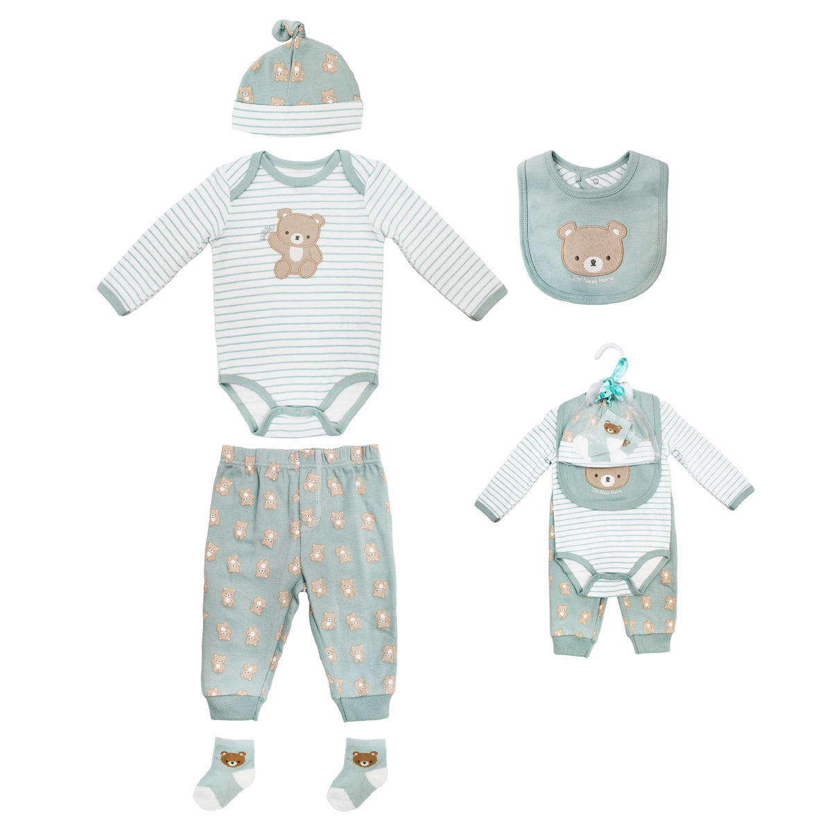 Body Manga Larga + Pantalón Largo + Gorro + Babero + Medias