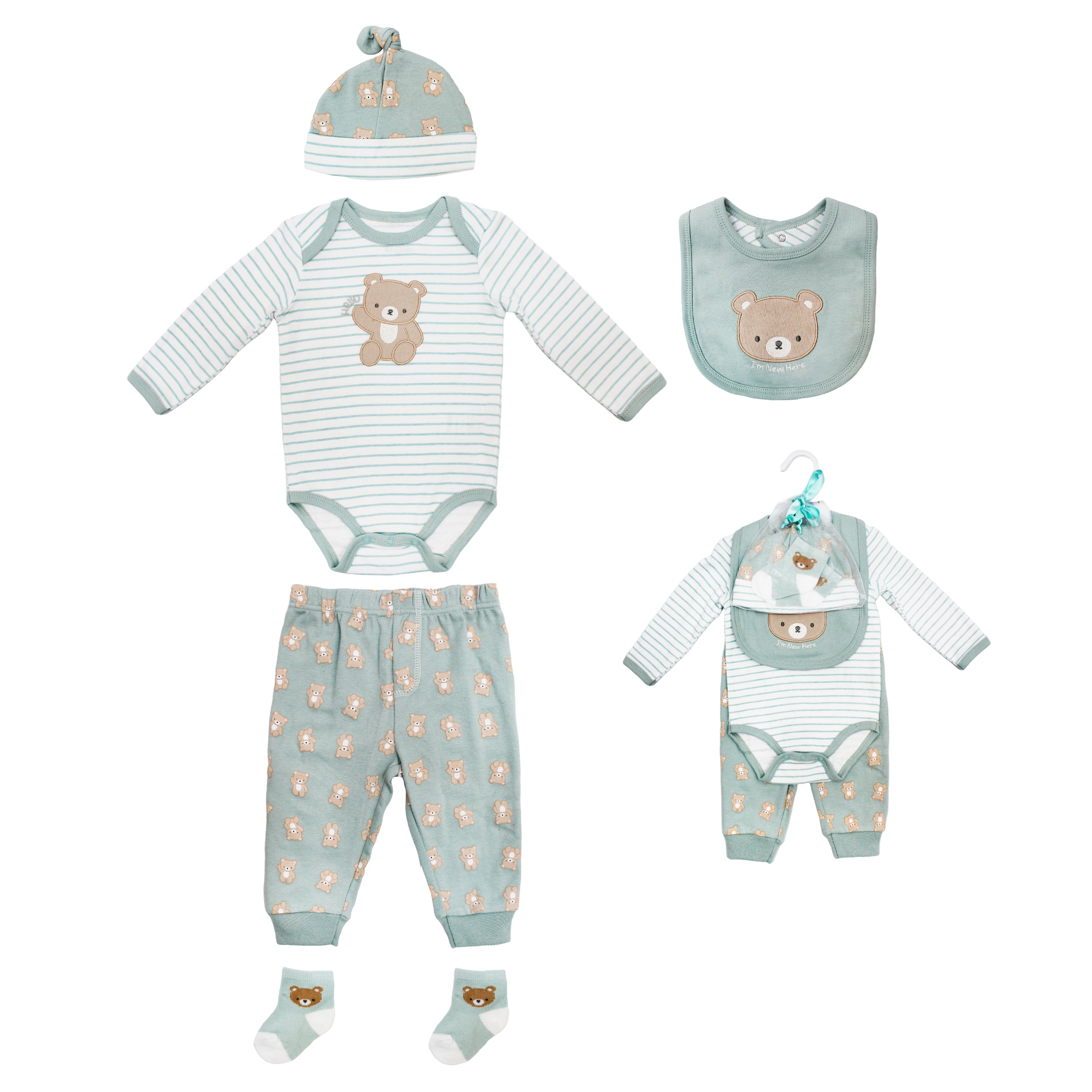 Body Manga Larga + Pantalón Largo + Gorro + Babero + Medias
