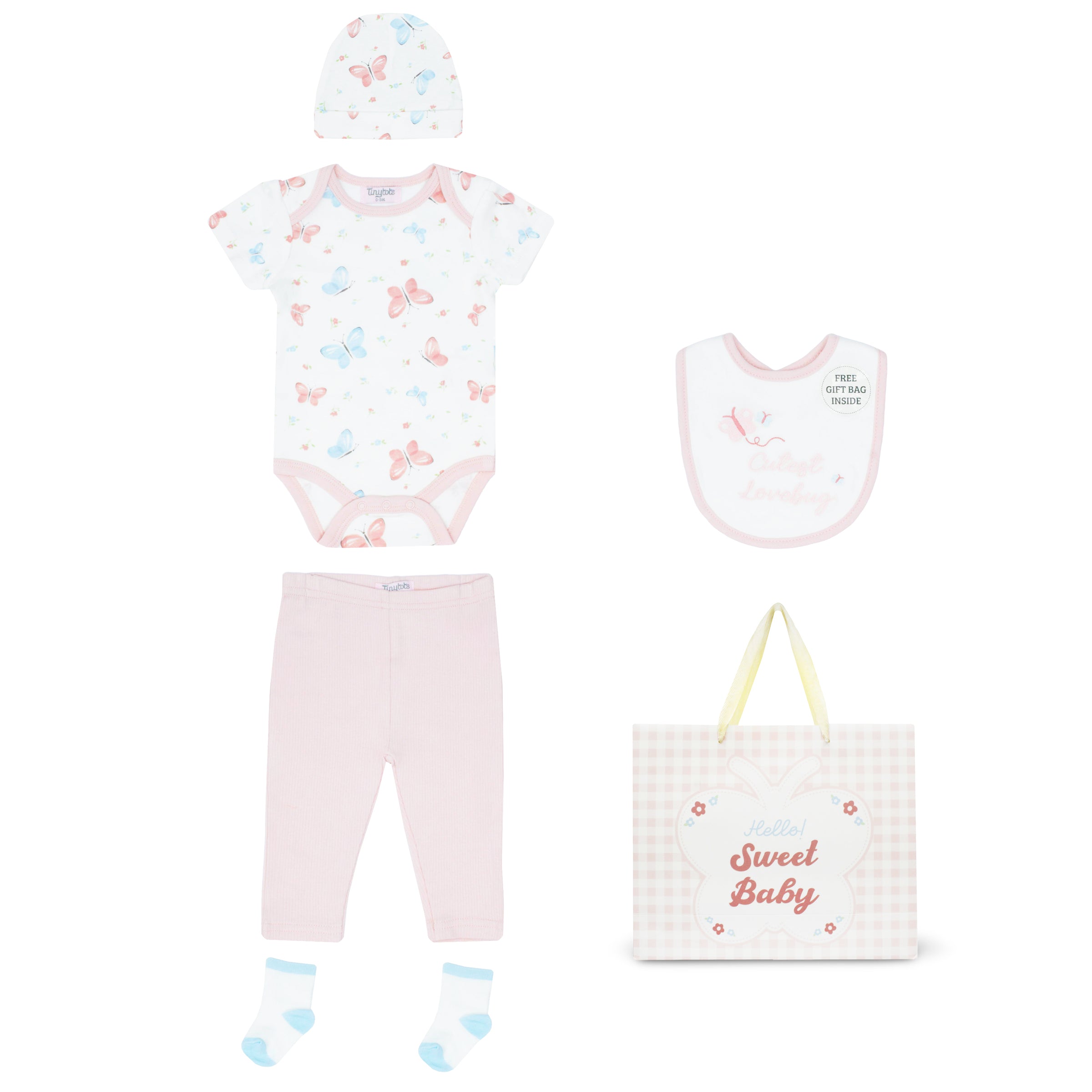 Body Manga Corta + Pantalón Largo + Babero + Gorro + Medias + Bolsa