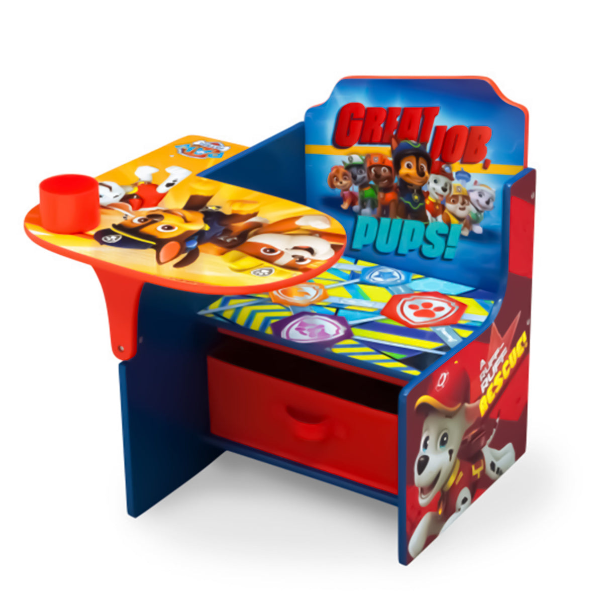 escritorio con silla y contedor de almacenamiento